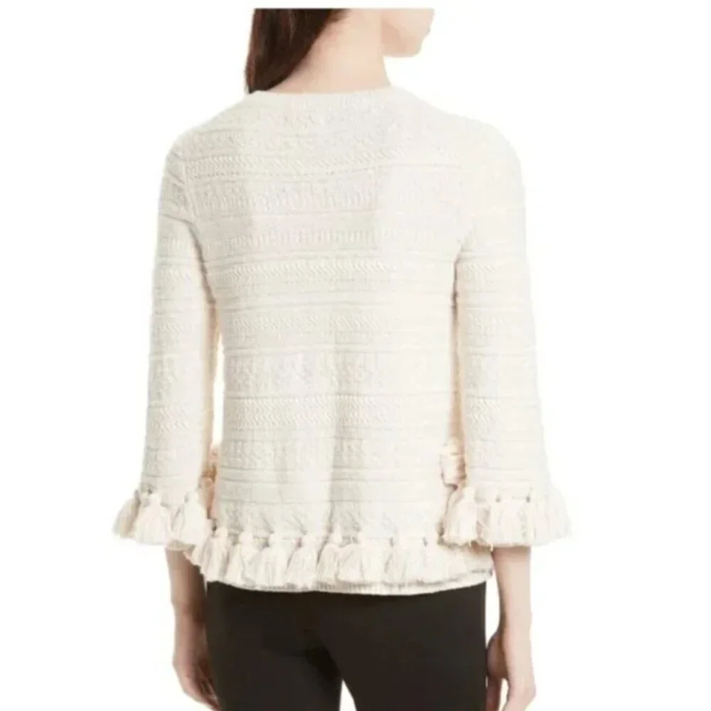 Kate Spade Womens Medium Beige Cotton Chunky Knit Sweater Pompom Hem Crewneck